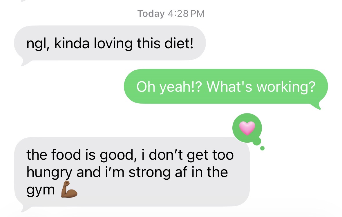 Client text message about diet results