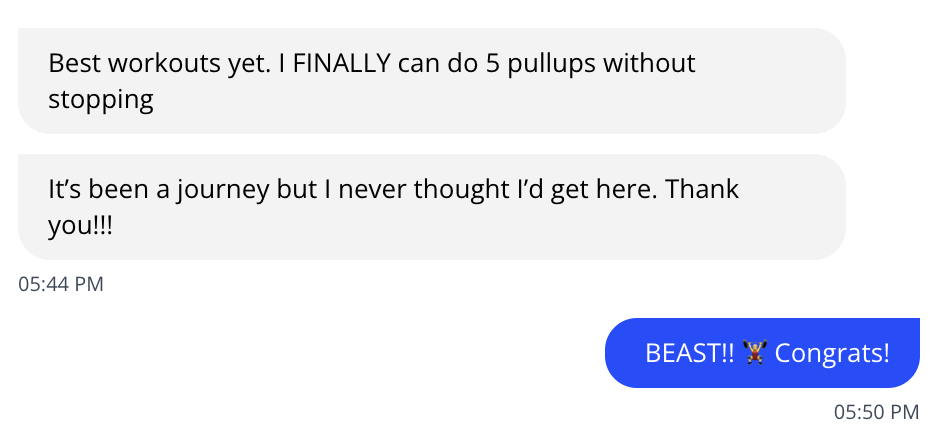 Client text about doing 5 pullups without stopping